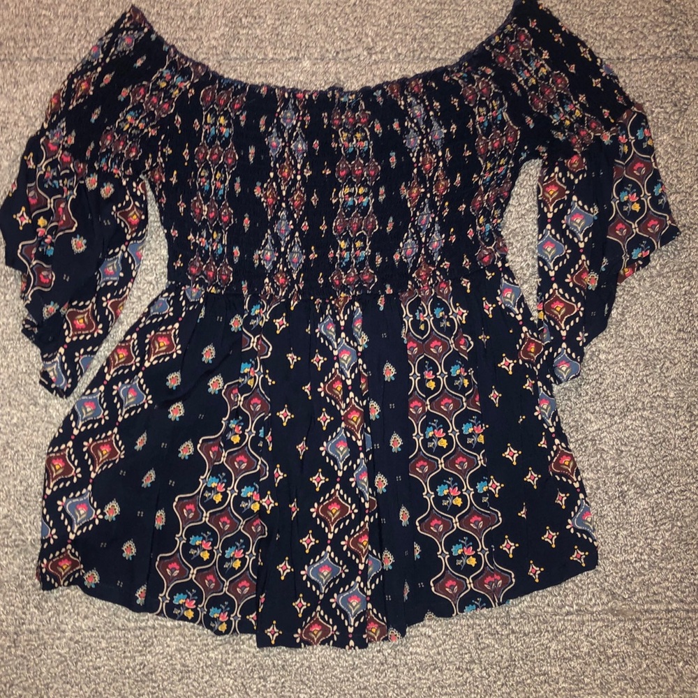 Smocked Off-the-Shoulder Floral Navy Top